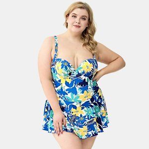 1X Backless 2-in-1 Pleated One Piece Plus Size Swimsuit